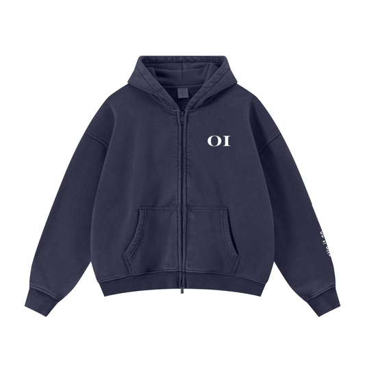 400GSM Unisex Vintage-Wash Boxy-Fit Zip-Up Hoodie Vintage Royal Blue