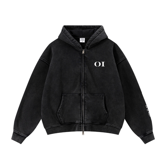 400GSM Unisex Vintage-Wash Boxy-Fit Zip-Up Hoodie Vintage Black